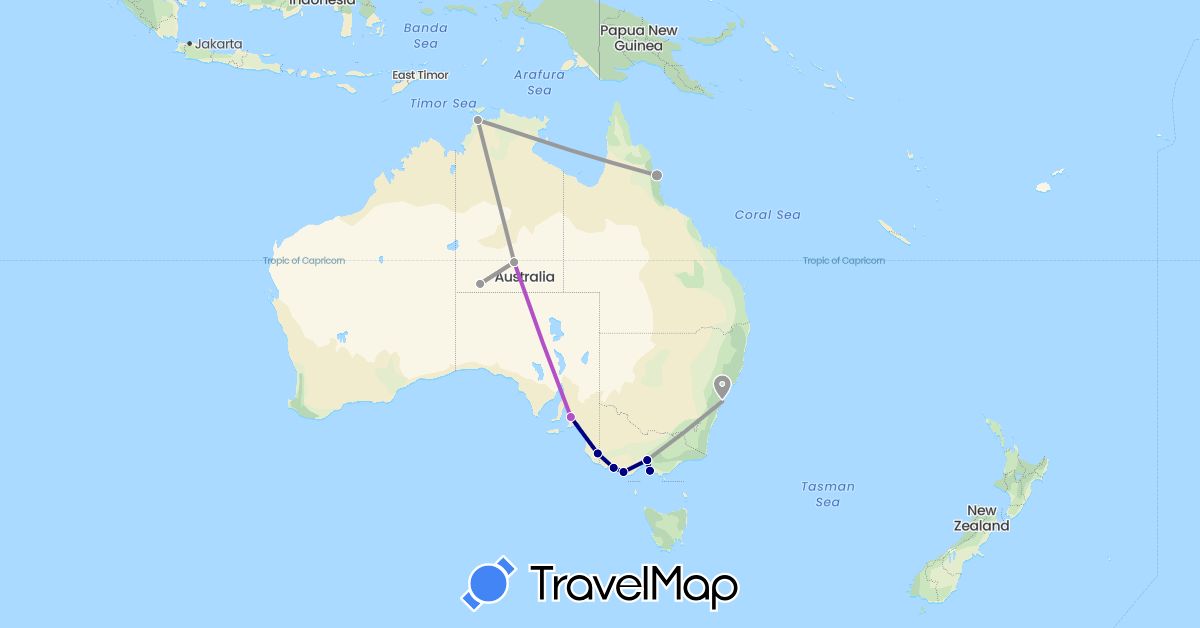 TravelMap itinerary: driving, plane, train in Australia (Oceania)